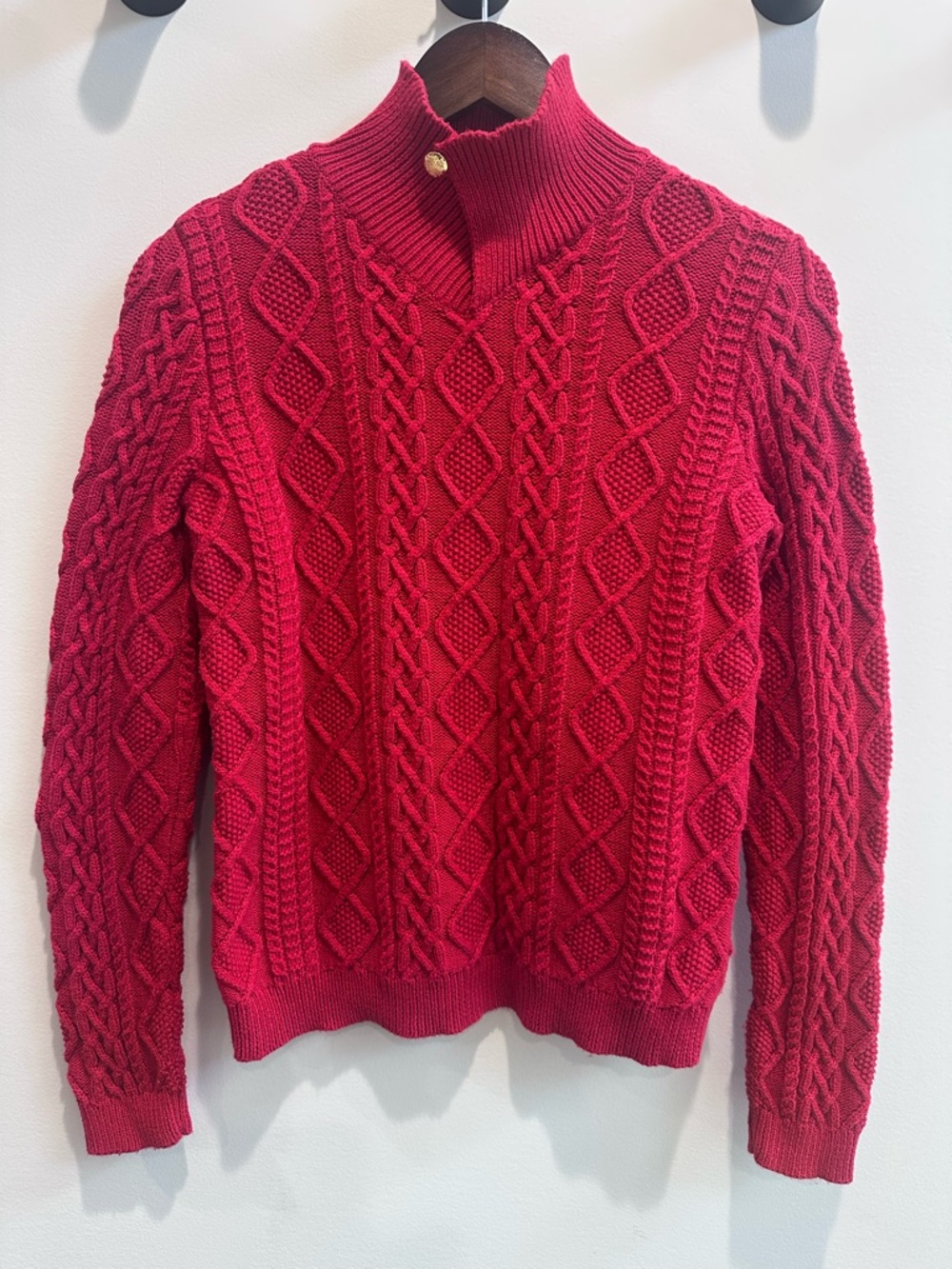 One of a Kind Lauren Ralph Lauren Red Cotton Cable Knit Sweater S Vintage Quilt - Picture 3 of 11